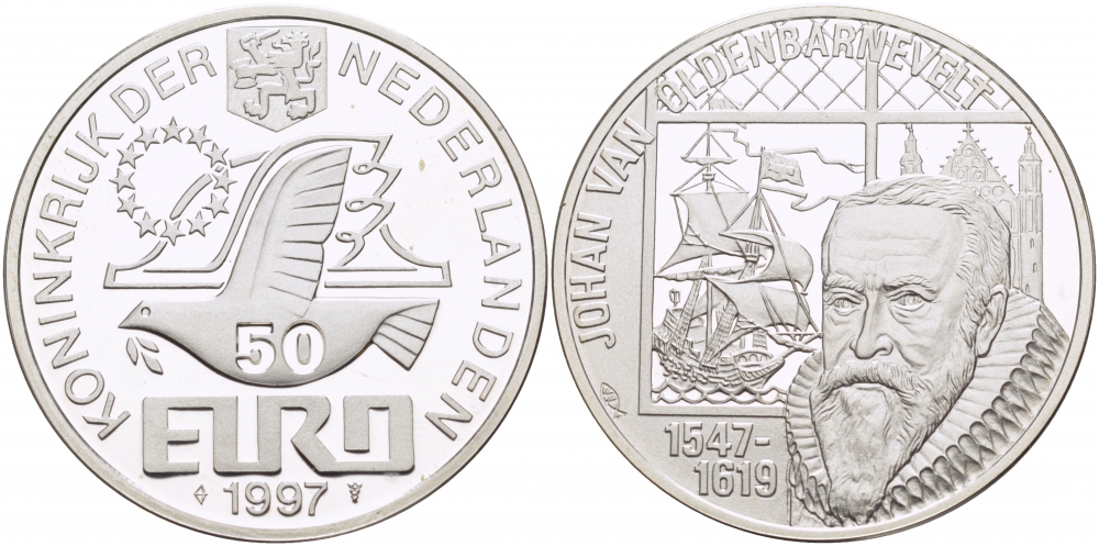 Нидерланды 50 евро 1997 Йохан ван Олденбарневелт (1547-1619), парусник серебро PROOF 1068-5-13