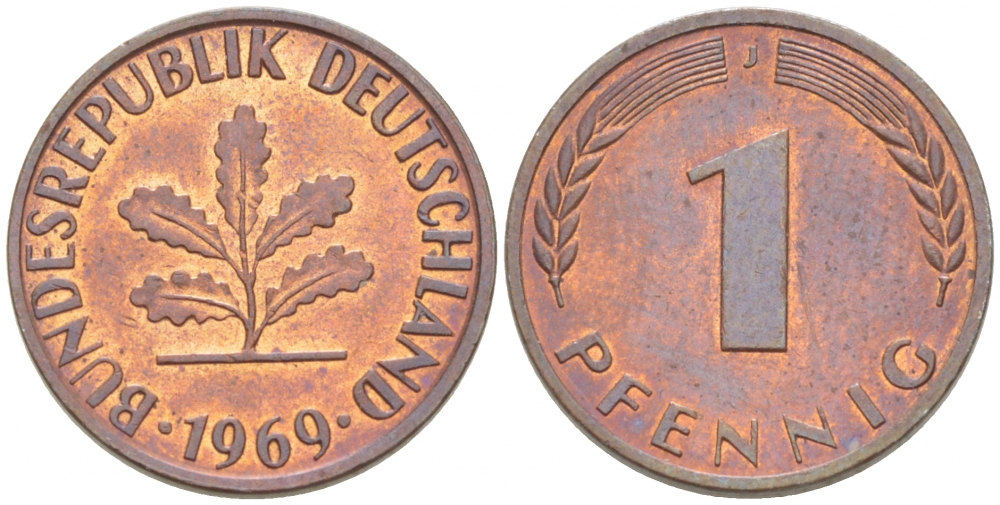 ФРГ 1 ПФЕННИГ 1969 J KM 105 J. 380 сталь плакированная медью 3955-522