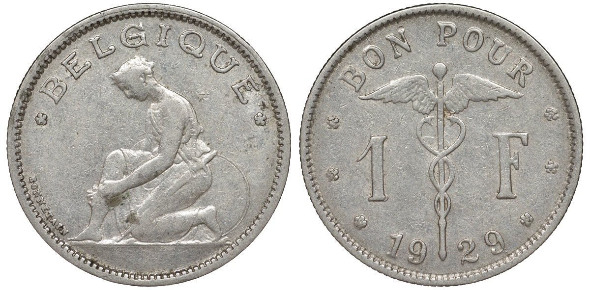 Бельгия 1 франк 1929 Belgique KM 89 никель 51-2036