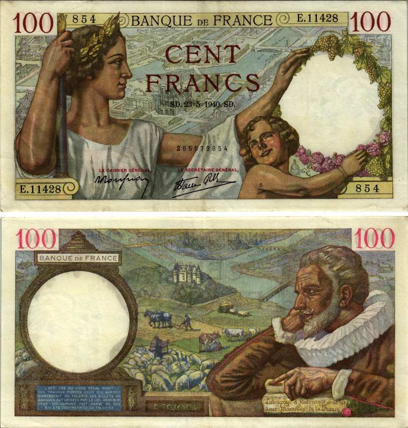 Франция 100 франков 1940 23 мая 1940 Pick 94  бумага   435-56-1-1