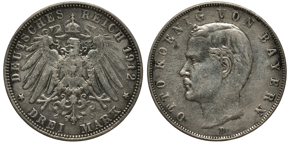 Бавария 3 марки 1912 Отто (1886-1913) Weege 45, J. 47, KM 515 серебро 3711-2045
