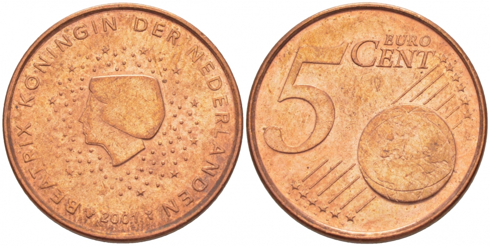 НИДЕРЛАНДЫ 5 ЕВРОЦЕНТОВ 2001 KM 236 сталь покрытая медью UNC 3457-1131
