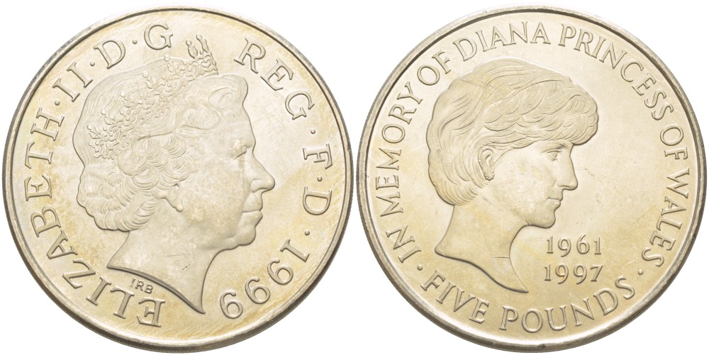 Великобритания 5 фунтов 1999 Елизавета II (1952-2022), в память о принцессе Диане (1961-1997) KM 997, Spink 4551 (L6) медно-никель UNC 4184-1014
