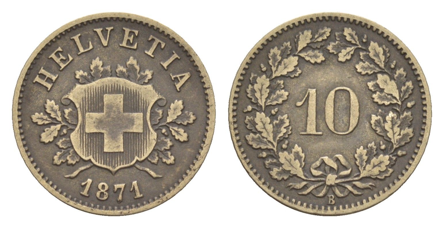 Швейцария 10 раппенов 1871 B, редкий год KM 6 серебро 1518-824