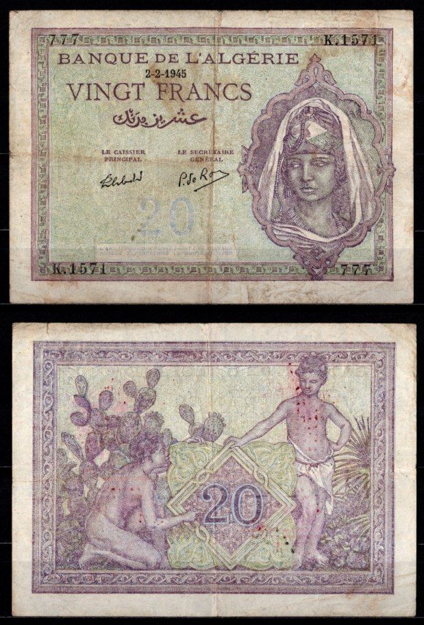 Алжир 20 франков 1945 Pick 92 b бумага 7217-17-2-2