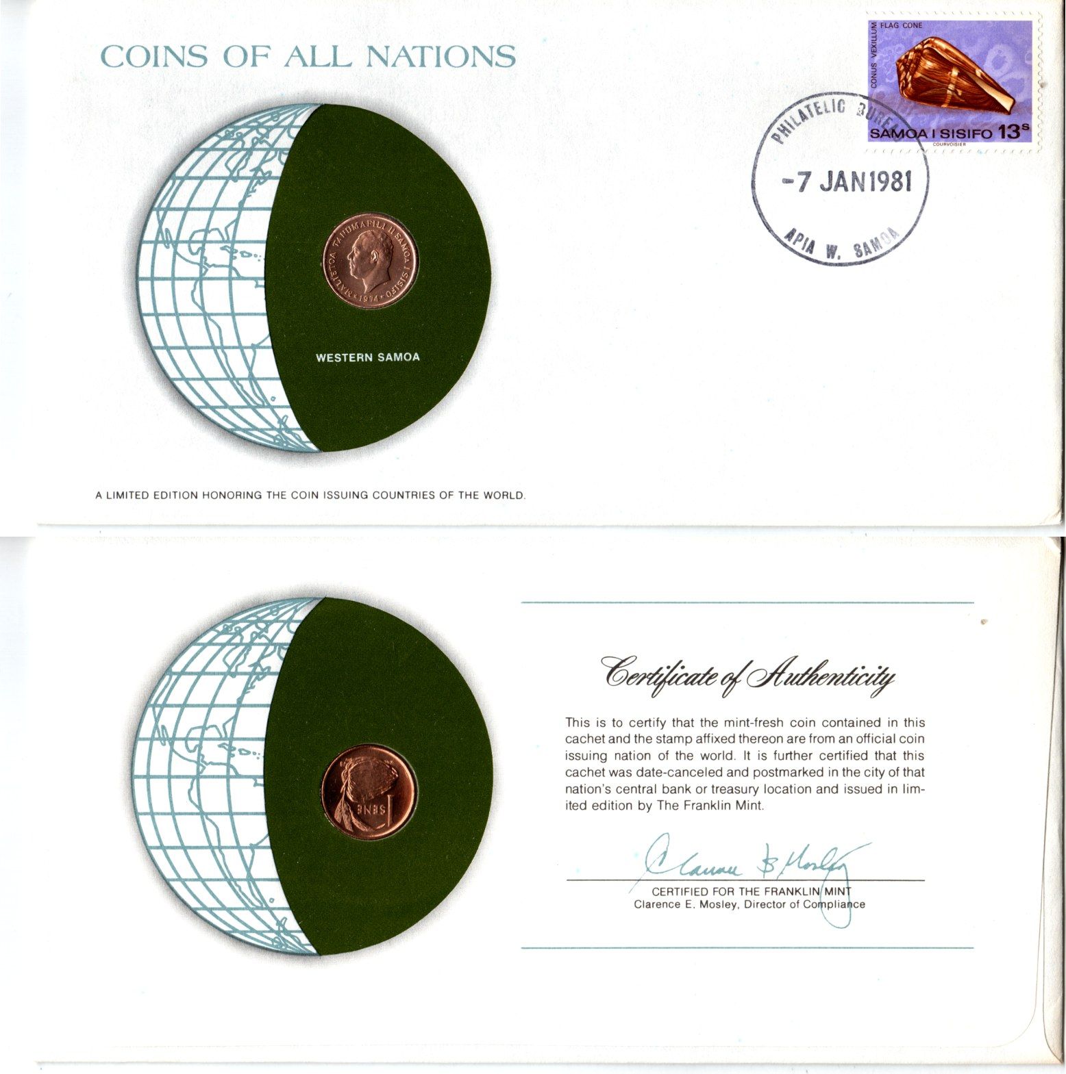 Самоа 1 сене 1974 конверт с маркой первого дня гашения, Coins of Nations KM 12 бронза UNC 4294-16-2