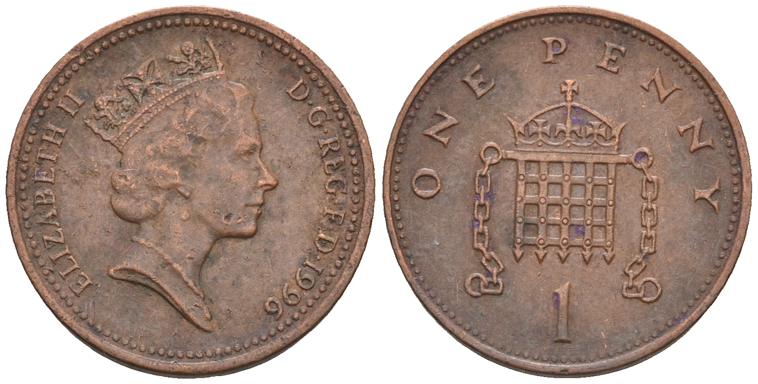 Великобритания 1 пенни 1996 Елизавета II (1952-2022) KM 935a, Spink 4391 (B4) сталь плакированная медью 4609-535