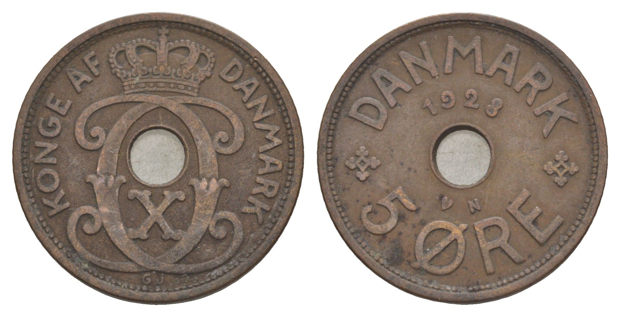 Дания 5 эре 1928 N, Кристиан X (1912-1947) KM 828 бронза 4638-617