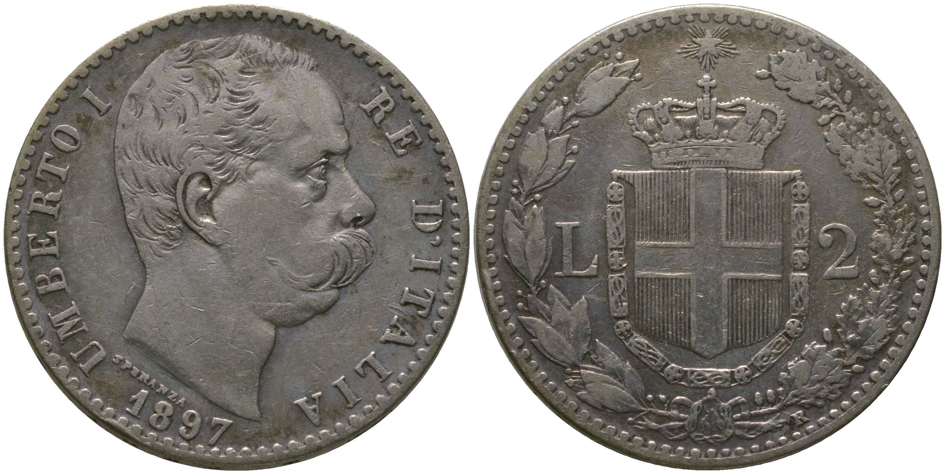 Италия 2 лиры 1897 R, Умберто I (1878-1900), монетный двор Рим KM 23 серебро 413-1831