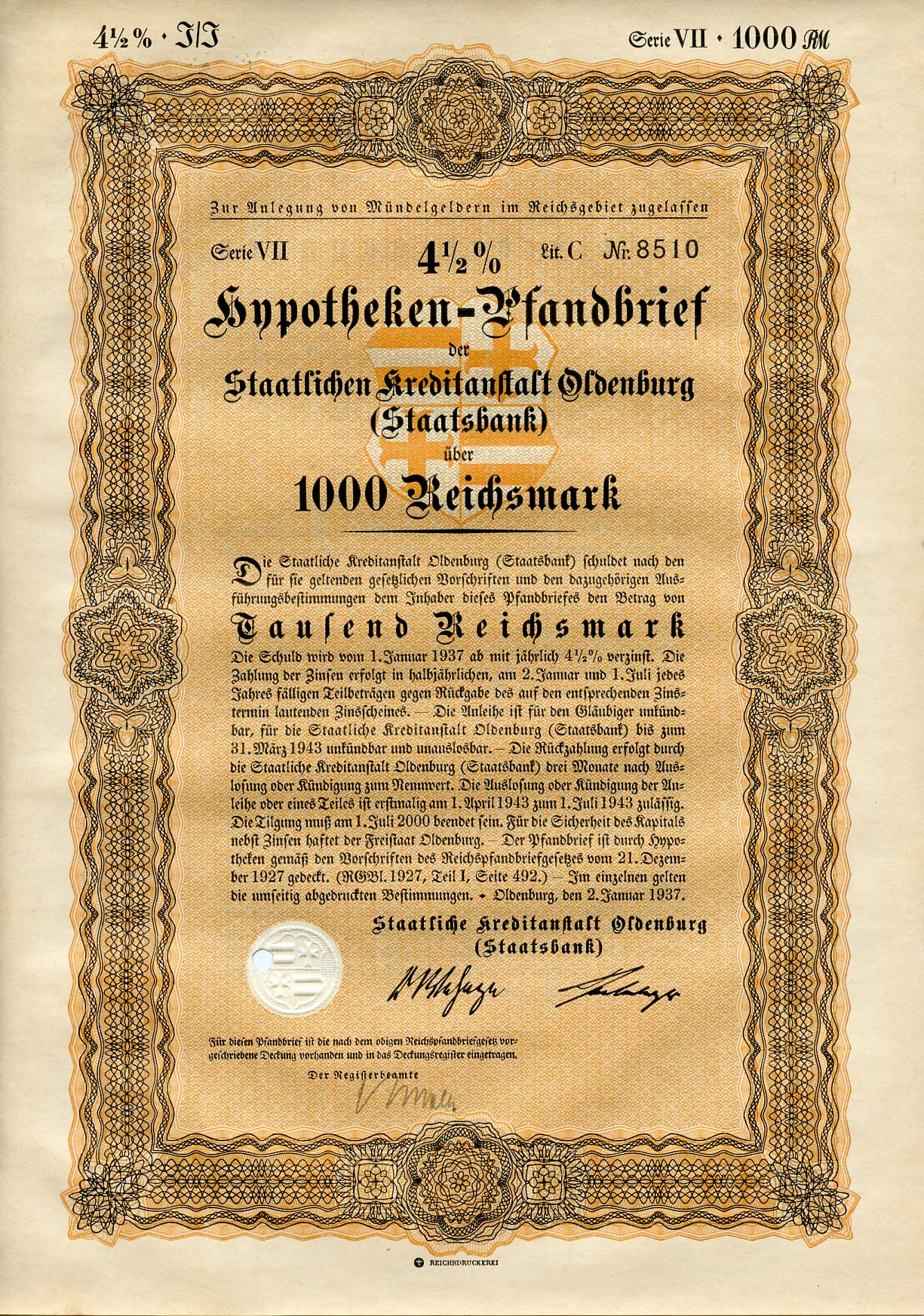 Германия 1000 рейхсмарок 1937 Государственное кредитное учреждение Ольденбурга (Государственный банк), ипотечный залог под залог 4-1/2%, облигация   бумага  8801-78-1