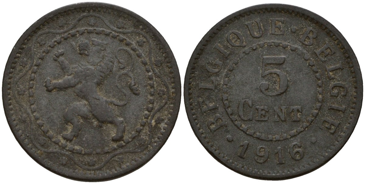 Бельгия 5 сантимов 1916 германская оккупация Первая мировая война, Альберт I (1910-1934) KM 80 цинк 4147-813