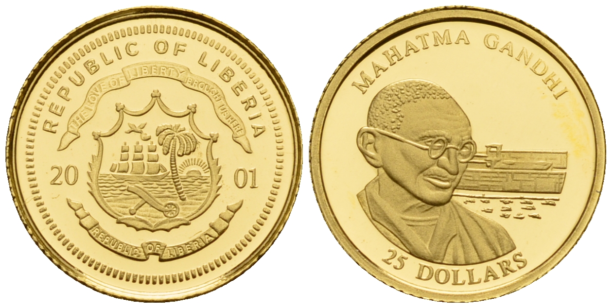 Либерия 25 долларов 2001 Махатма Ганди  золото  PROOF  00-812-43