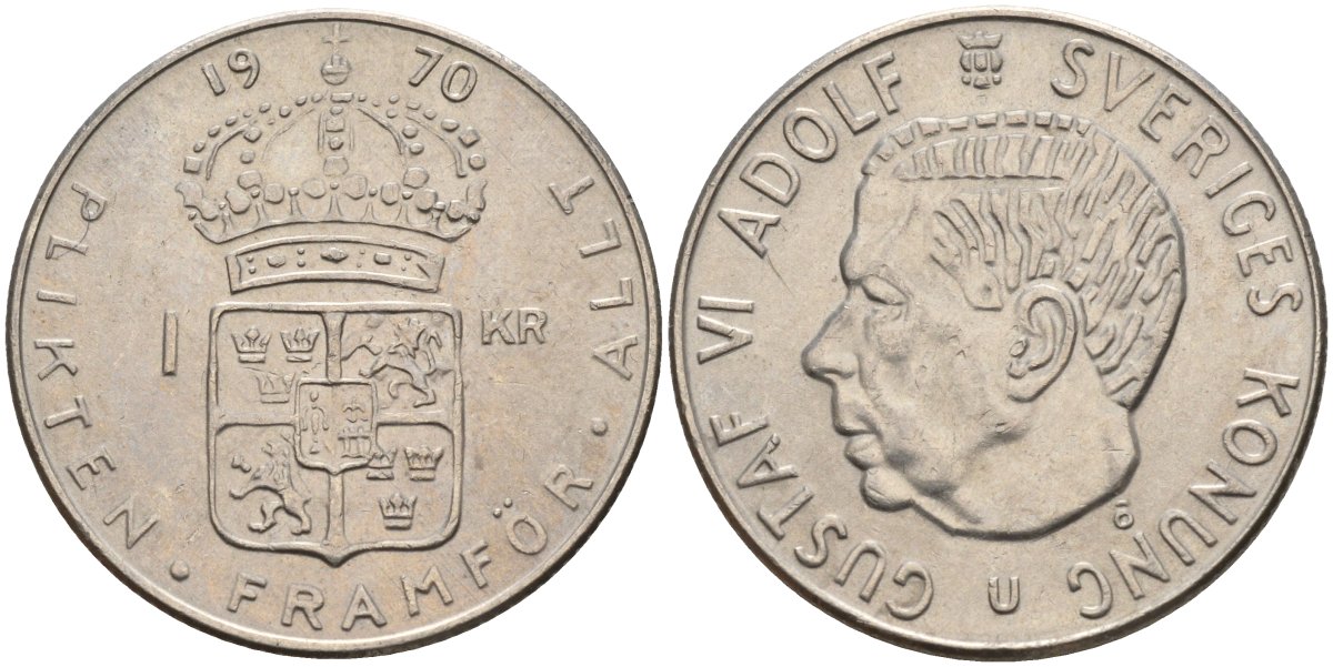 Швеция 1 крона 1970 U, Густав VI Адольф (1950-1973) KM 826a медь плакированный медно-никелем 4150-317