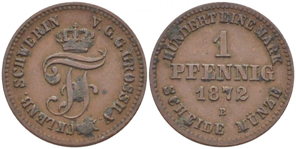 Мекленбург-Шверин 1 пфенниг 1872 В, Фридрих Франц II (1842-1883) KM 315 (С102), AKS 50, J.60 медь 112-1223
