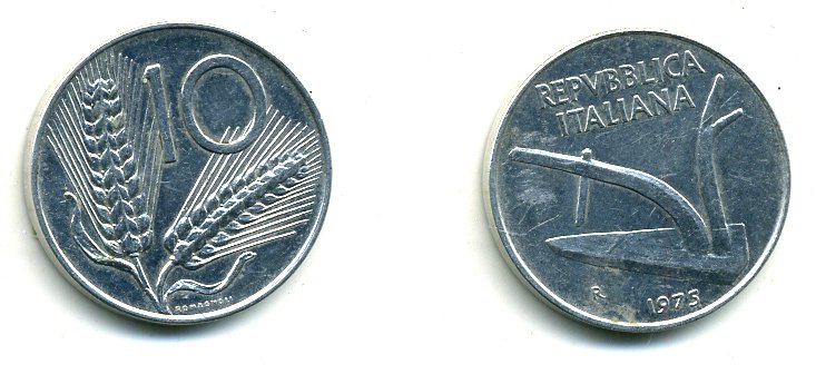 ИТАЛИЯ 10 ЛИР 1975 ПЛУГ KM 93 алюминий 59-631