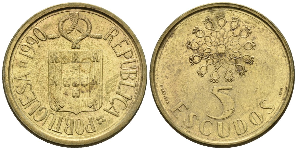 Португалия 5 эскудо 1990 KM 632 никель латунь 4148-452