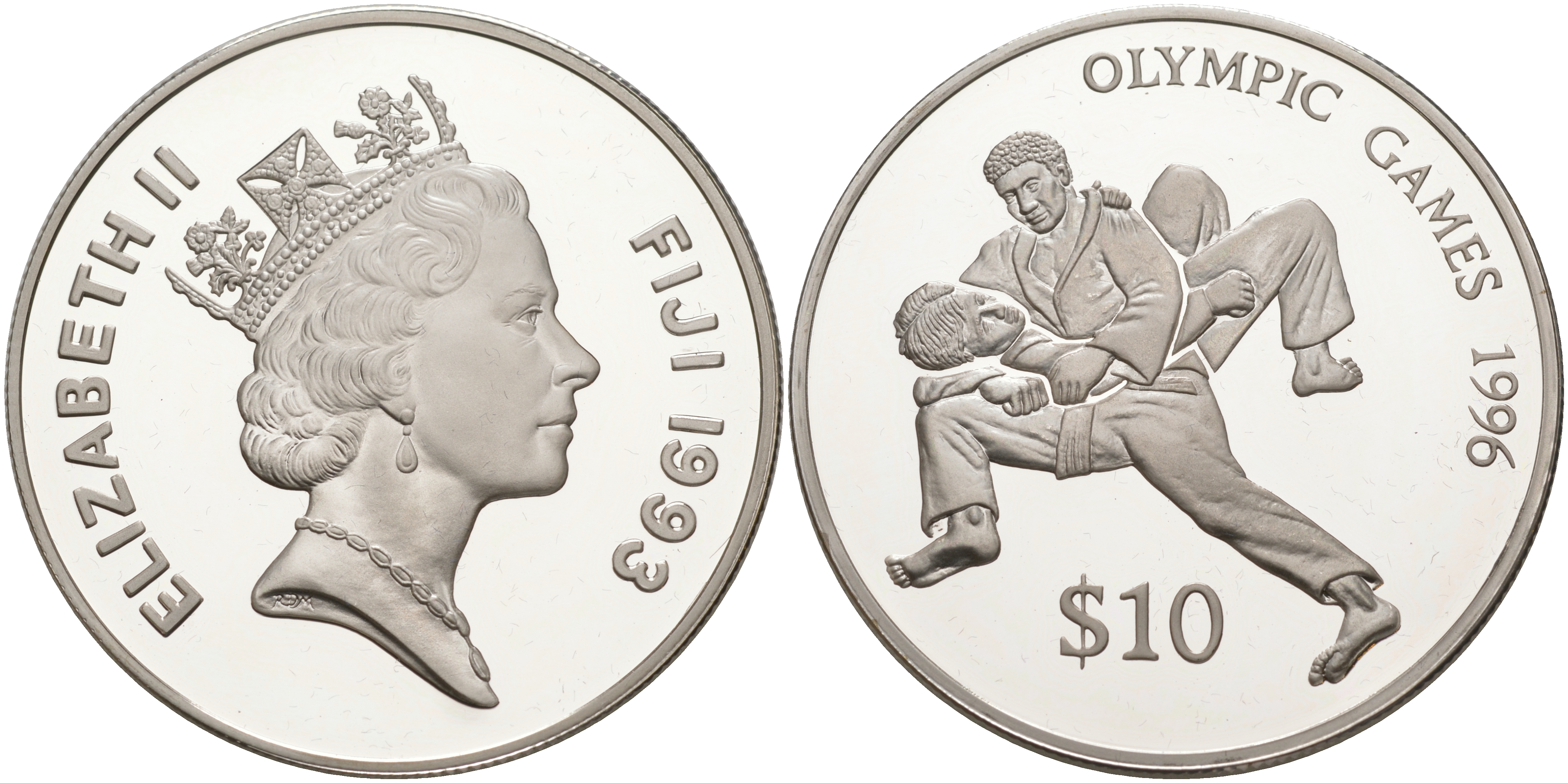 Фиджи 10 долларов 1993 Олимпийские игры 1996 года в Атланте, борьба KM 67 серебро PROOF 02-115-45