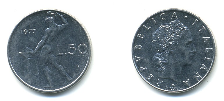 ИТАЛИЯ 50 ЛИР 1977 R, БОГ ОГНЯ ВУЛКАН У НАКОВАЛЬНИ KM 95.1 нержавеющая сталь 4379-411