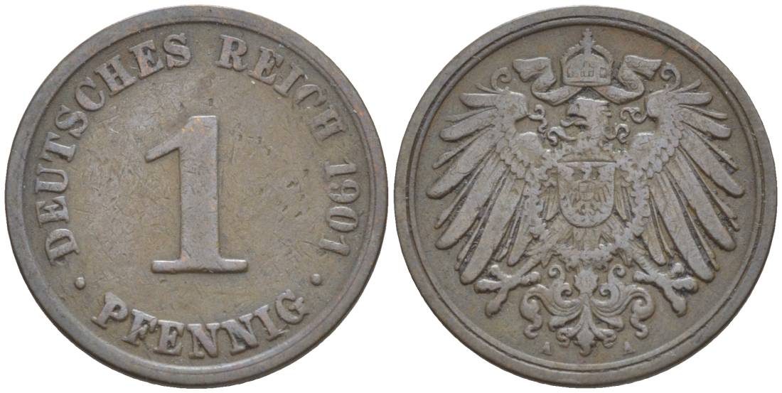 ГЕРМАНИЯ 1 ПФЕННИГ 1901 A KM 10, Jager. 10, Weege 2 медь 4528-1166