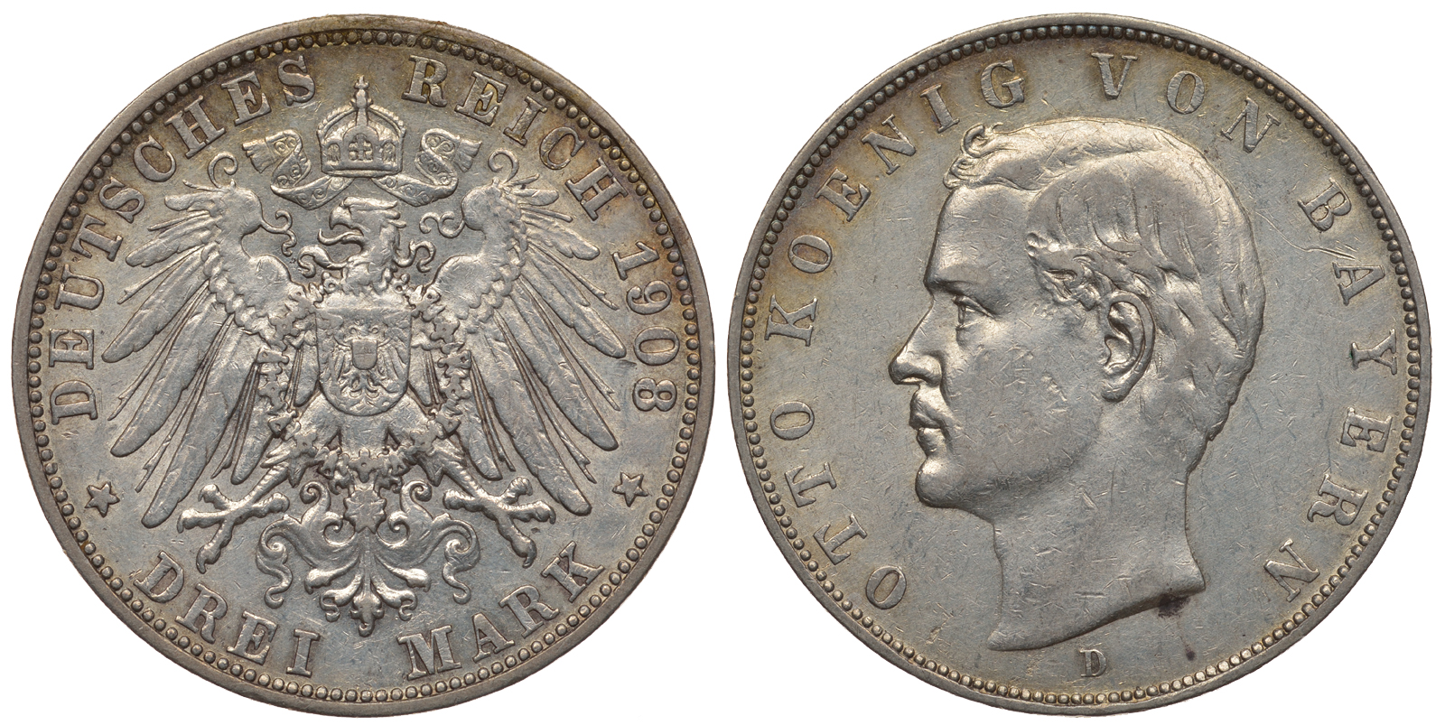 Бавария 3 марки 1908 D, Отто (1886-1913) Weege 45, J. 47, KM 515 серебро 413-6212