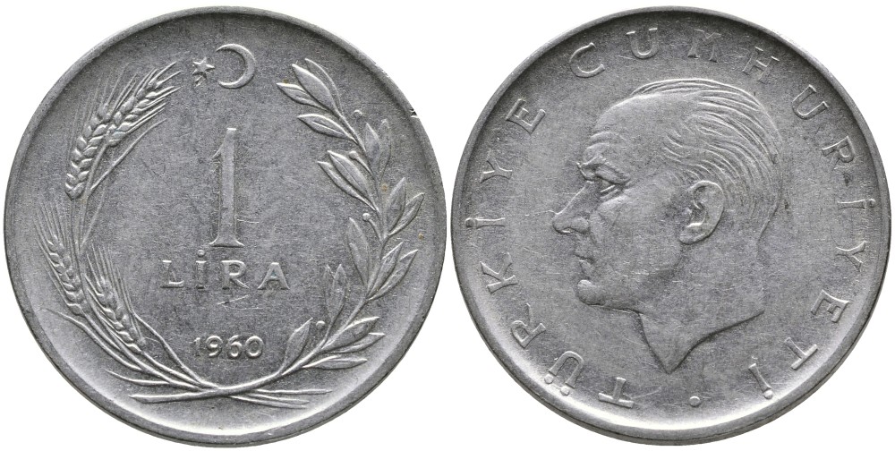 Турция 1 лира 1960 Мустафа Кемаль Ататюрк KM 889а.1 нержавеющая сталь 4541-1224