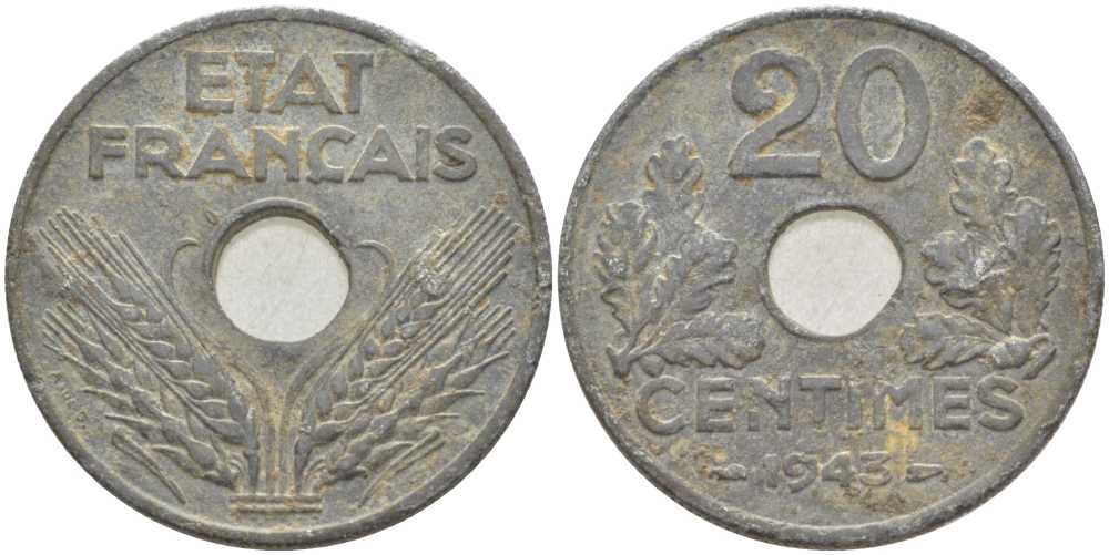 Франция 20 сантимов 1943 Правительство Виши KM 900.1, LE FRANC 153.5 цинк 175-323