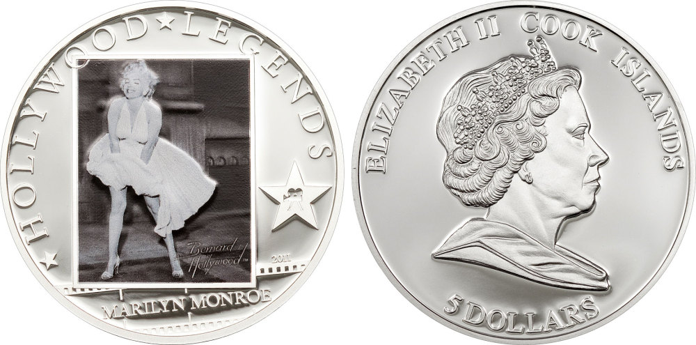 Острова Кука 5 долларов 2011 Мэрилин Монро, цветная эмаль KM 1264 серебро PROOF 1074-2-43