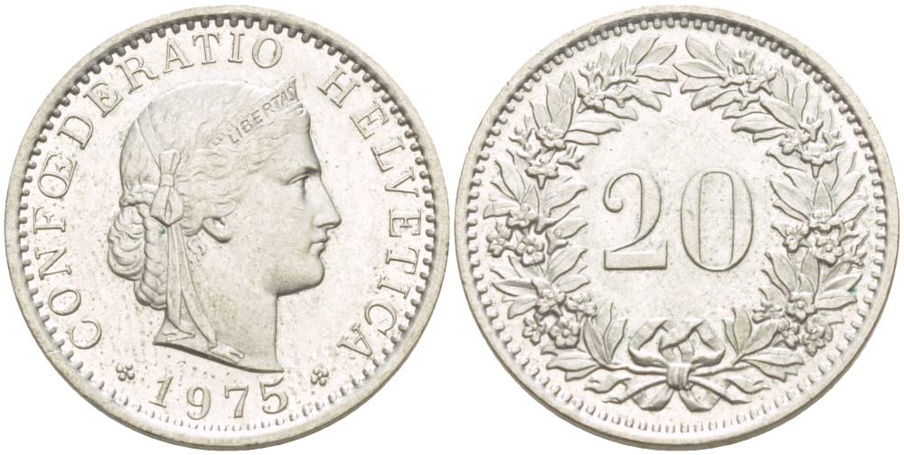 Швейцария 20 раппенов 1975 KM 29а медно-никель 4544-325