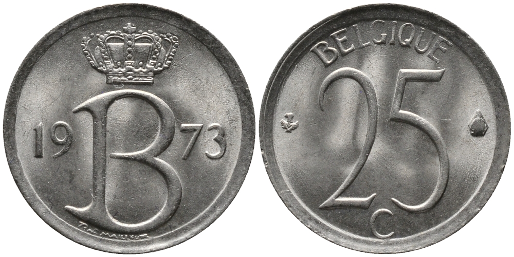 Бельгия 25 сантимов 1973 Belgique, Бодуэн I (1951-1993) KM 153.1 медно-никель 99-424