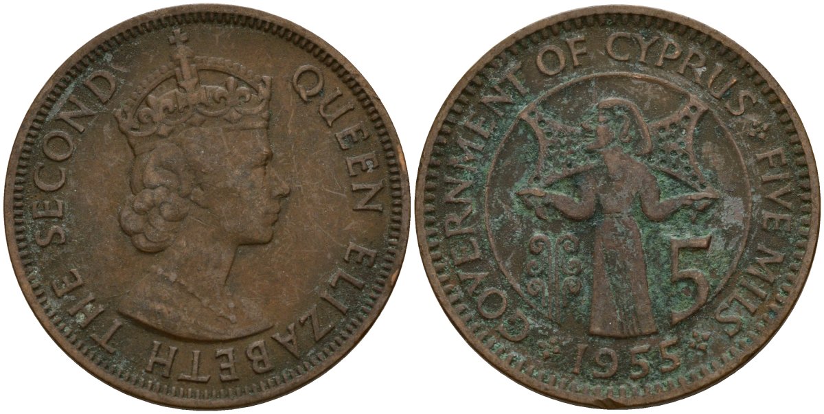 Кипр Британский 5 милей 1955 Елизавета II (1952-2022) KM 34 бронза 4159-733