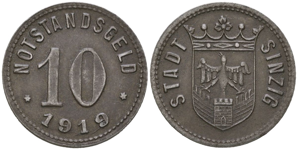 Зинциг (Пруссия, Рейн) 10 пфеннингов 1919 Funck 502.5A, Men18 29451.9 железо 4586-831