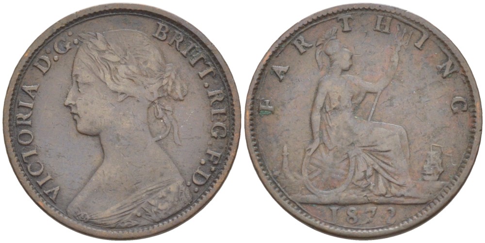Великобритания 1 фартинг 1872 Виктория (1837-1901) KM 747.2, Spink 3958 бронза 4543-853