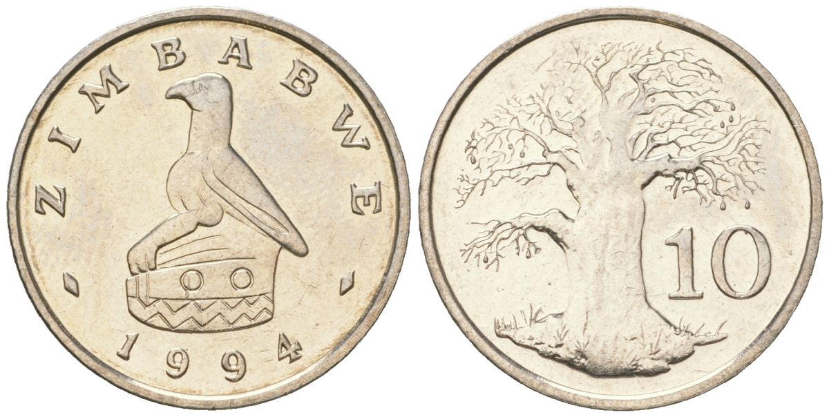 Зимбабве 10 центов 1994 птица-идол, баобаб KM 3 медно-никель UNC 4615-1148