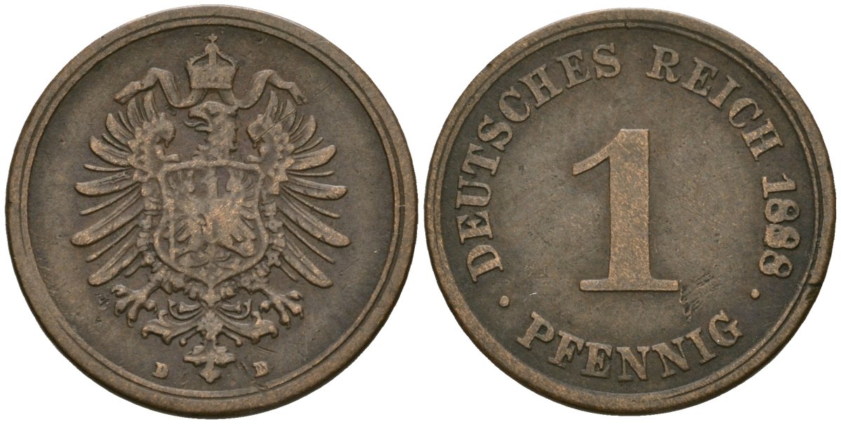 Германия 1 пфенниг 1888 D, Вильгельм I (1871-1888) KM 1, J. 1 медь 4387-464