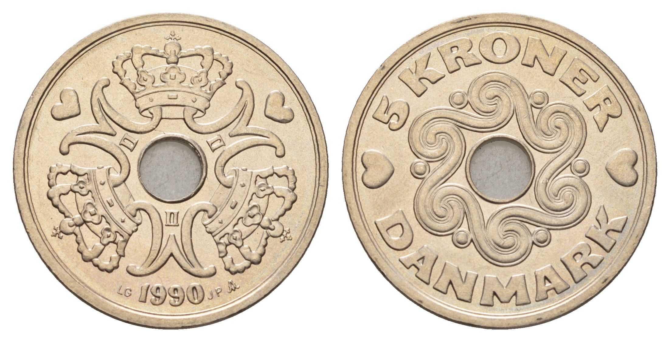 Дания 5 крон 1990 Маргрете II (1972-2024) KM 869 медно-никель UNC 175-1214