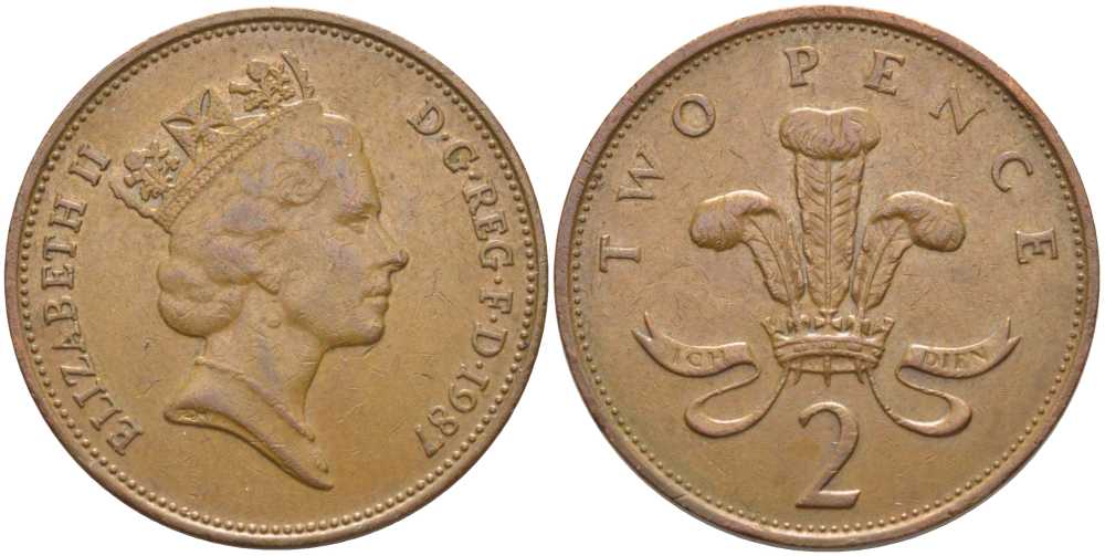 Великобритания 2 пенса 1987 Елизавета II (1952-2022) KM 936, Spink 4376 (C3) бронза 117-135