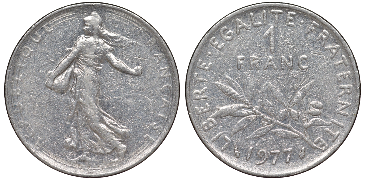 Франция 1 франк 1977 сеятель KM 925.1, Le Franc 226.22 никель 54-1851