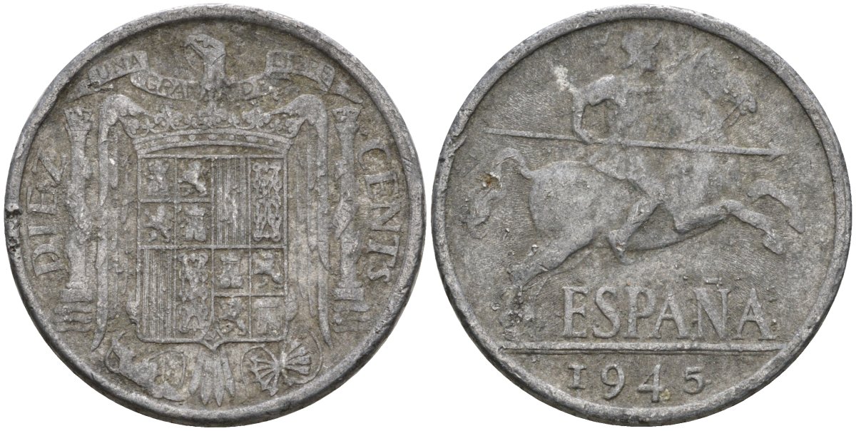 Испания 10 сентимо 1945 Франсиско Франко (1939-1975) KM 766 алюминий 4604-517