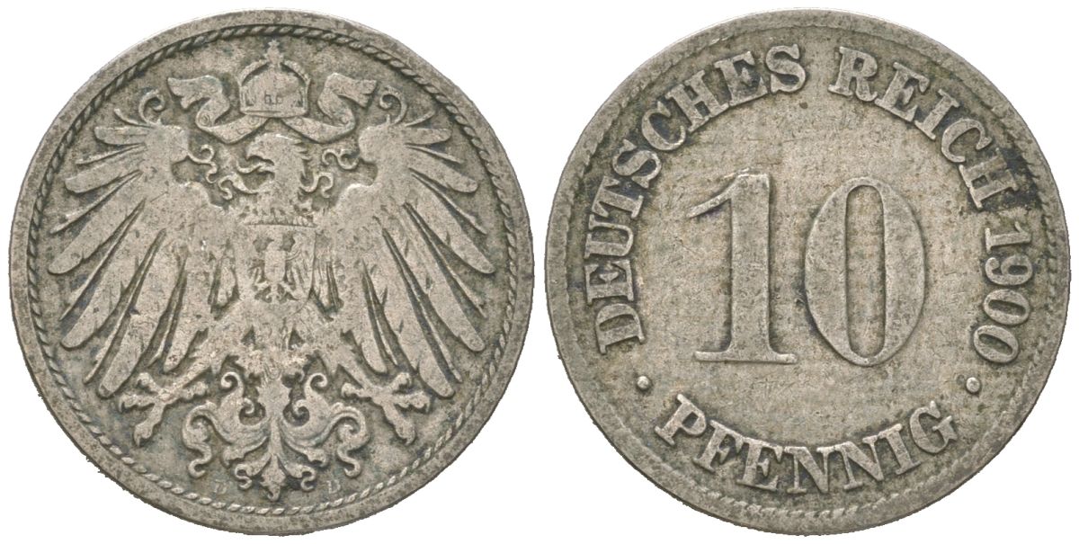 Германия 10 пфеннигов 1900 D, Вильгельм II (1888-1918) KM 12, J. 13 медно-никель 4615-747