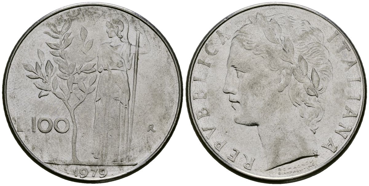 Италия 100 лир 1979 R, Афина у оливкого дерева KM 96.1 нержавеющая сталь 4137-242