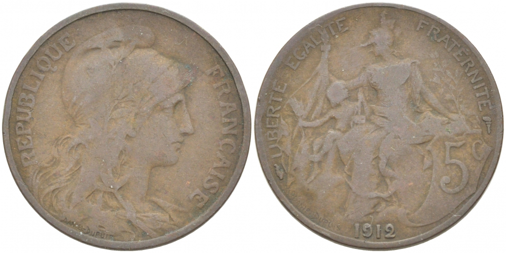 ФРАНЦИЯ 5 САНТИМОВ 1912 ТИП ДАНИЭЛЬ ДЮПЮИ KM 842, LE FRANC 119.24 бронза 77-451