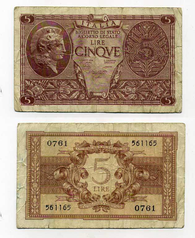 Италия 5 лир 1944 23 ноября 1944 Афина в шлеме, signatures: BoLaffi / CavalLaro / Giovinco Pick 31c, Grapanzano BS 31 450-87-1