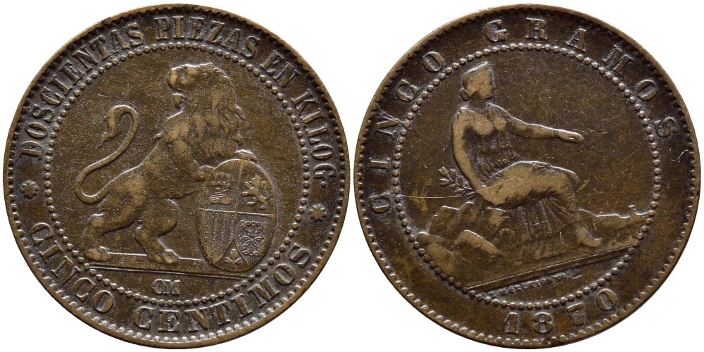 Испания 5 сентимо 1870 ОМ, лев со щитом KM 662 (Y53) медь 443-511
