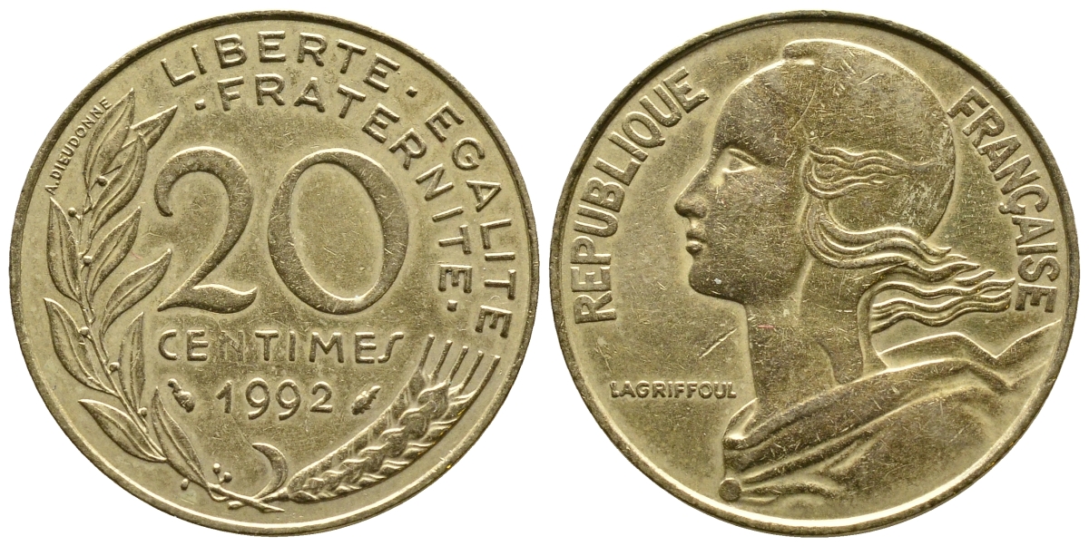 ФРАНЦИЯ 20 САНТИМОВ 1992 KM 930 медь алюминий никель 93-1357