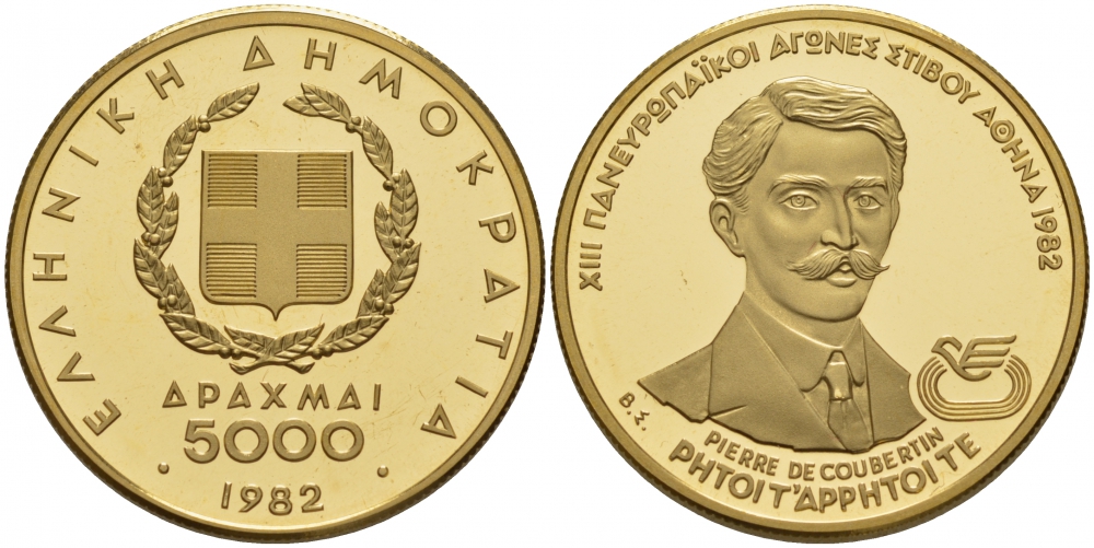 Греция 5000 драхм 1982 Пьер де Кубертен KM 143 золото 00-000-00