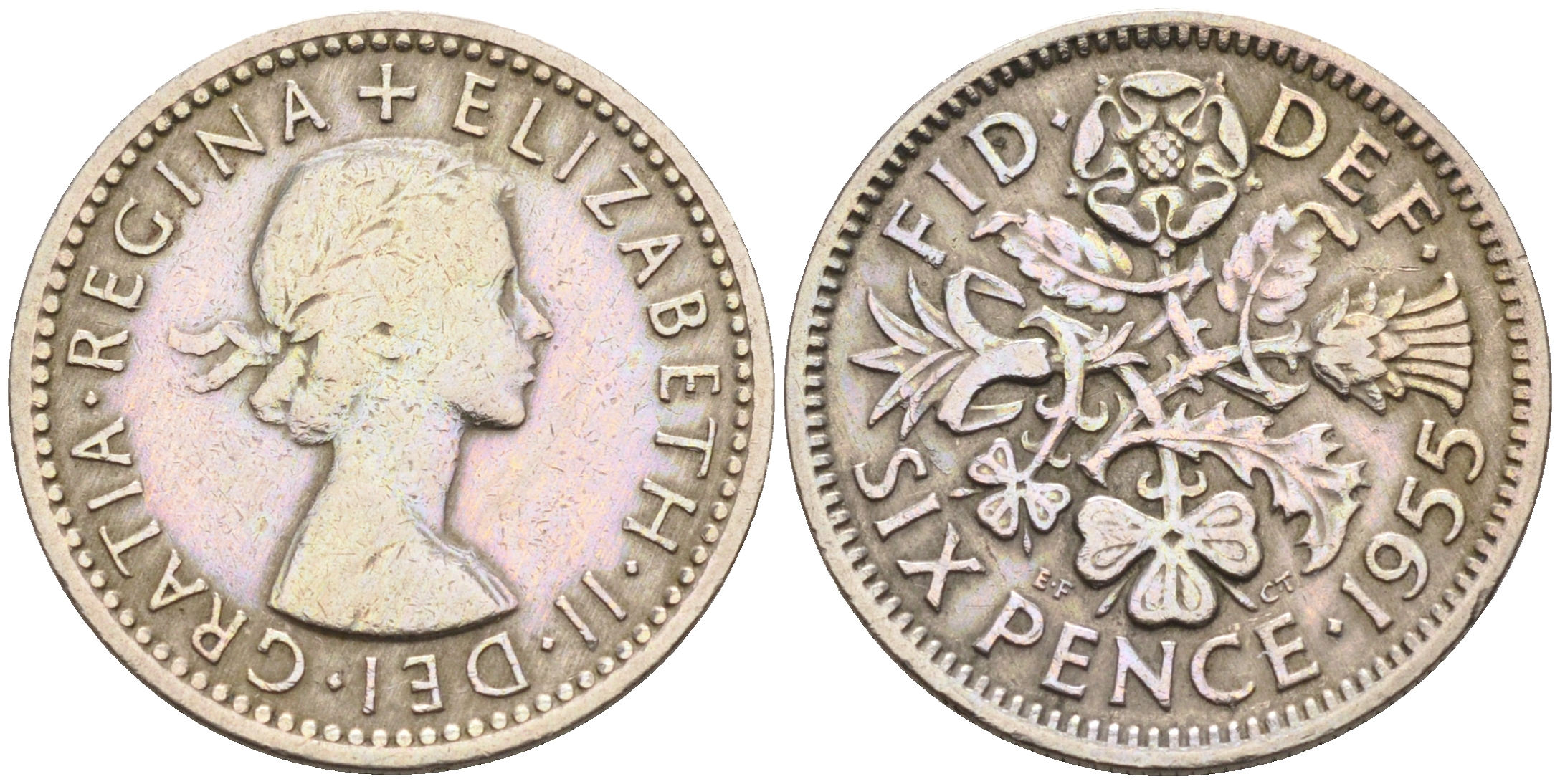 Великобритания 6 пенсов 1955 Елизавета II (1952-2022) KM 903, Spink 4149 медно-никель 4588-523