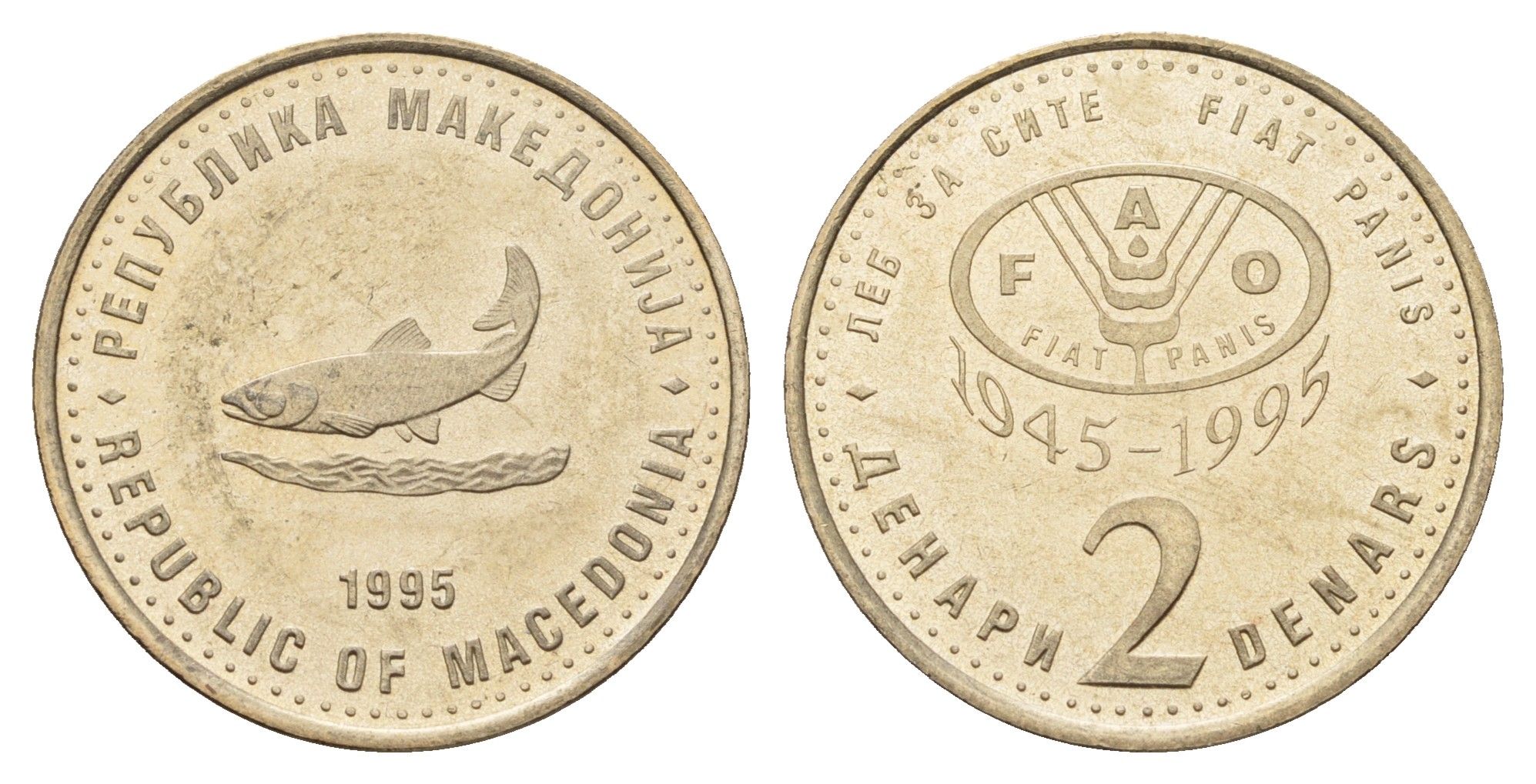 Македония 2 денара 1995 50 лет ФАО KM 6a медь цинк никель UNC 212-621