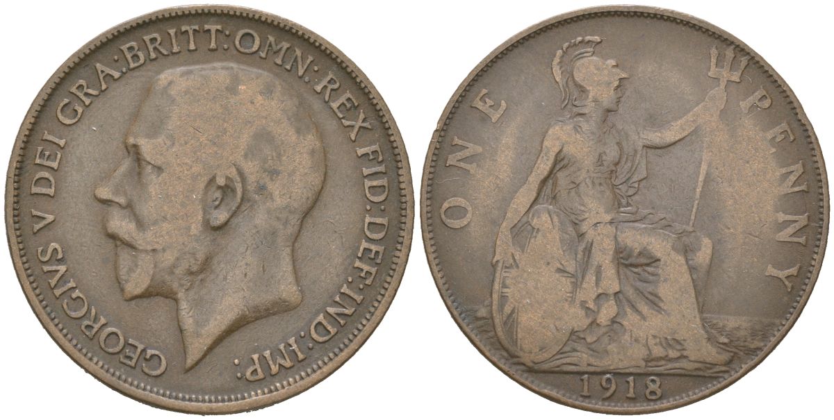 Великобритания 1 пенни 1918 Георг V (1910-1936) KM 810, Spink 4051 бронза 3855-314