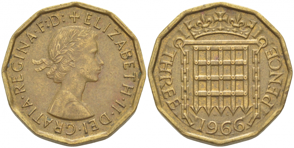 Великобритания 3 пенса 1966 Елизавета II (1952-2022) KM 900, Spink 4153 никель латунь 212-1242