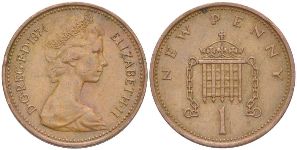 Великобритания 1 пенни 1974 Елизавета II (1952-2022) KM 915, Spink 4237 (B1) бронза 217-327